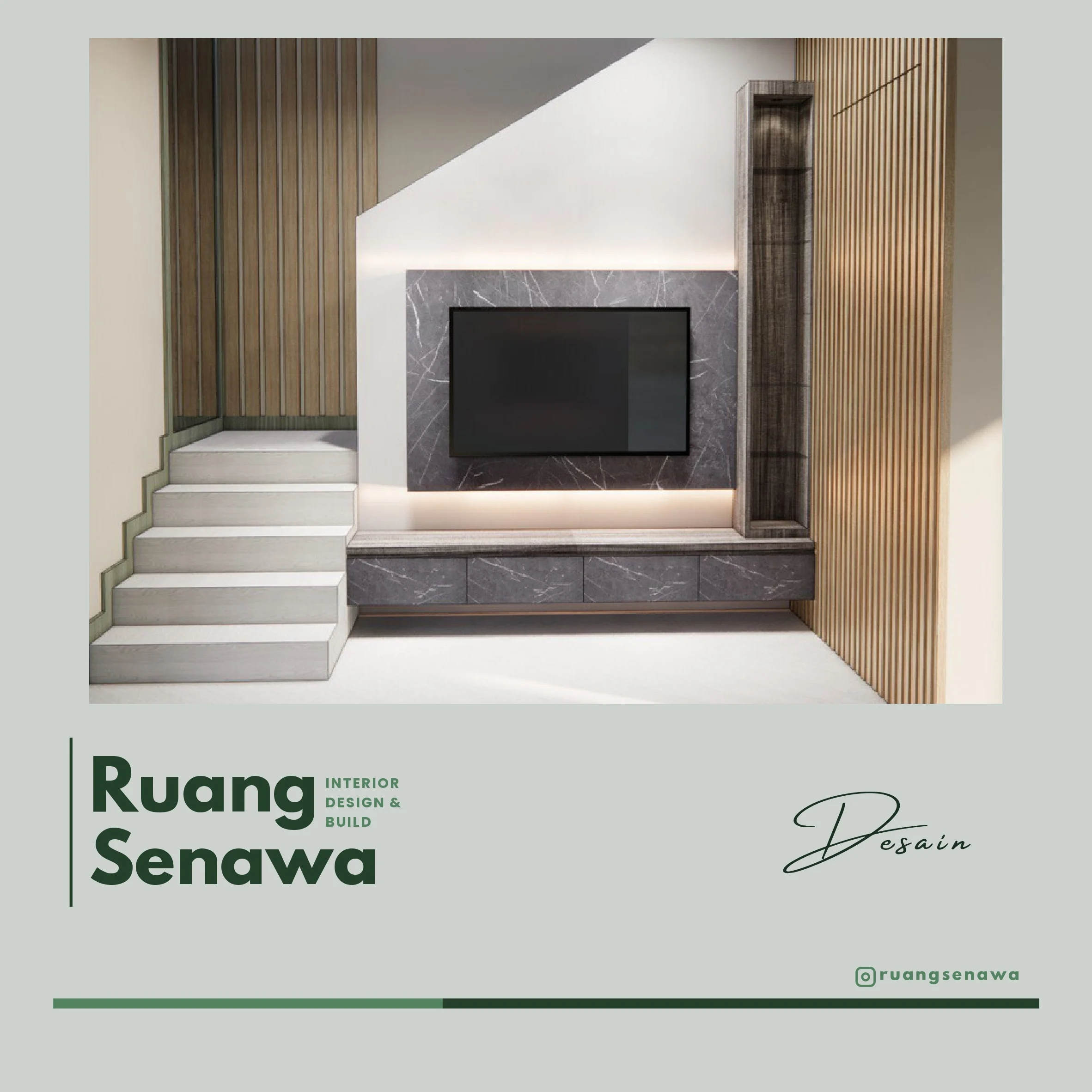3D Concept: Under-Stair TV Cabinet — Desain 3D bespoke TV cabinet di bawah area tangga rumah Kota Render 3D Palu Ruang Senawa